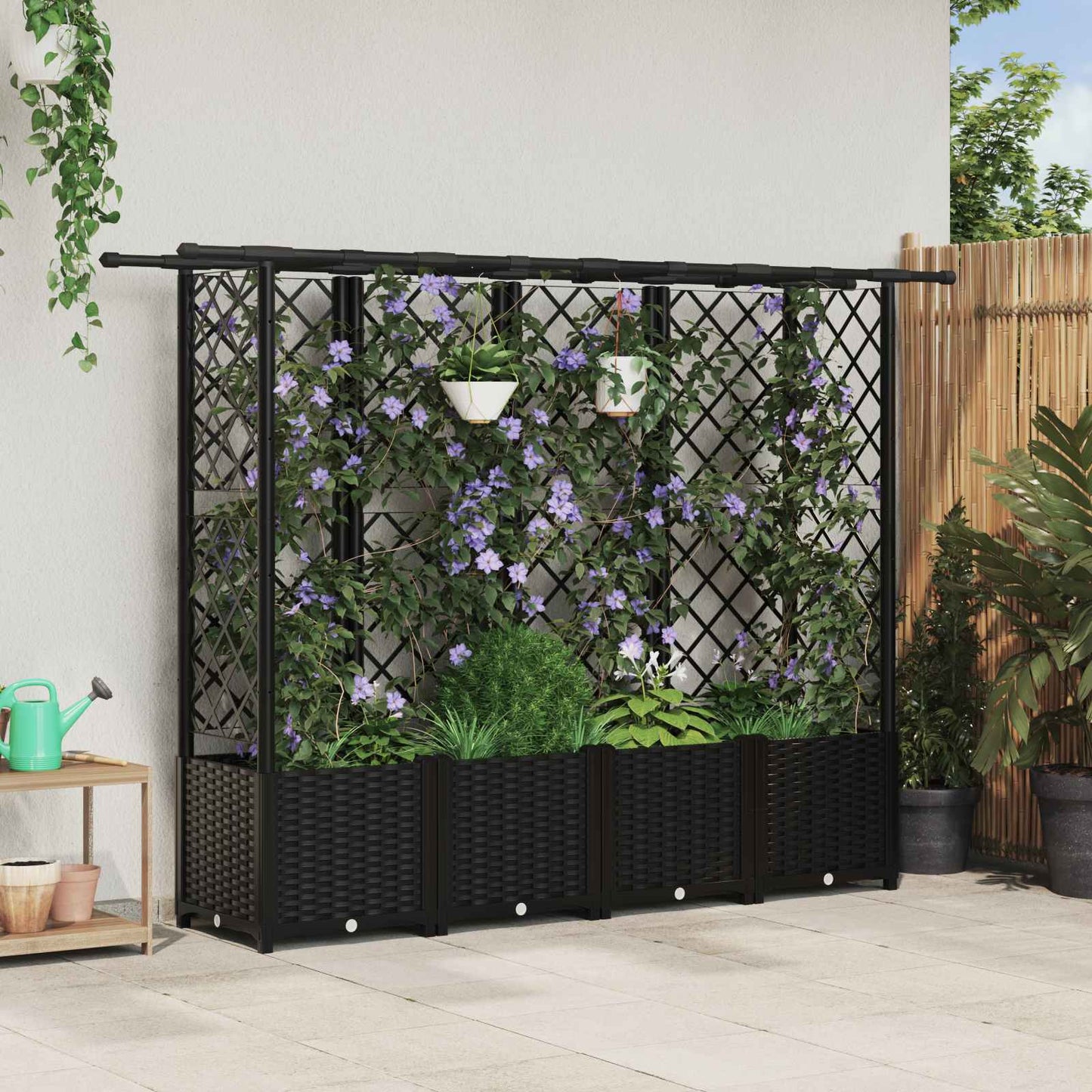 Raised Bed with Trellis and Roof Black 202 x 40 x 136 cm PP