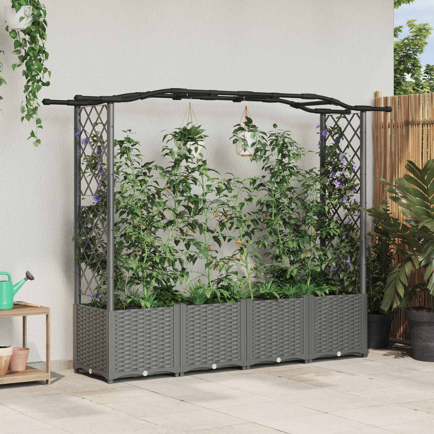 Raised Bed with Trellis and Roof Light Grey 204 x 40 x 141 cm