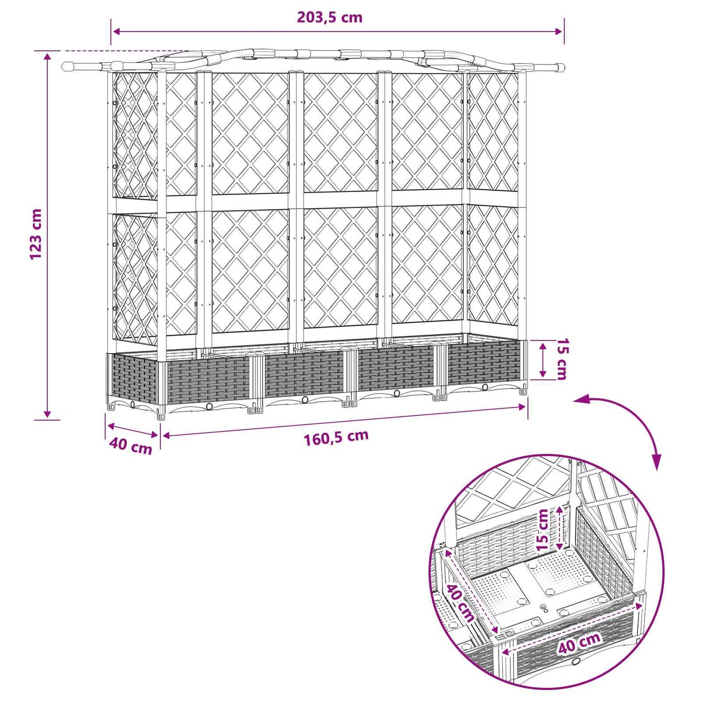 Raised Bed with Trellis and Roof Light Grey 203.5 x 40 x 123 cm