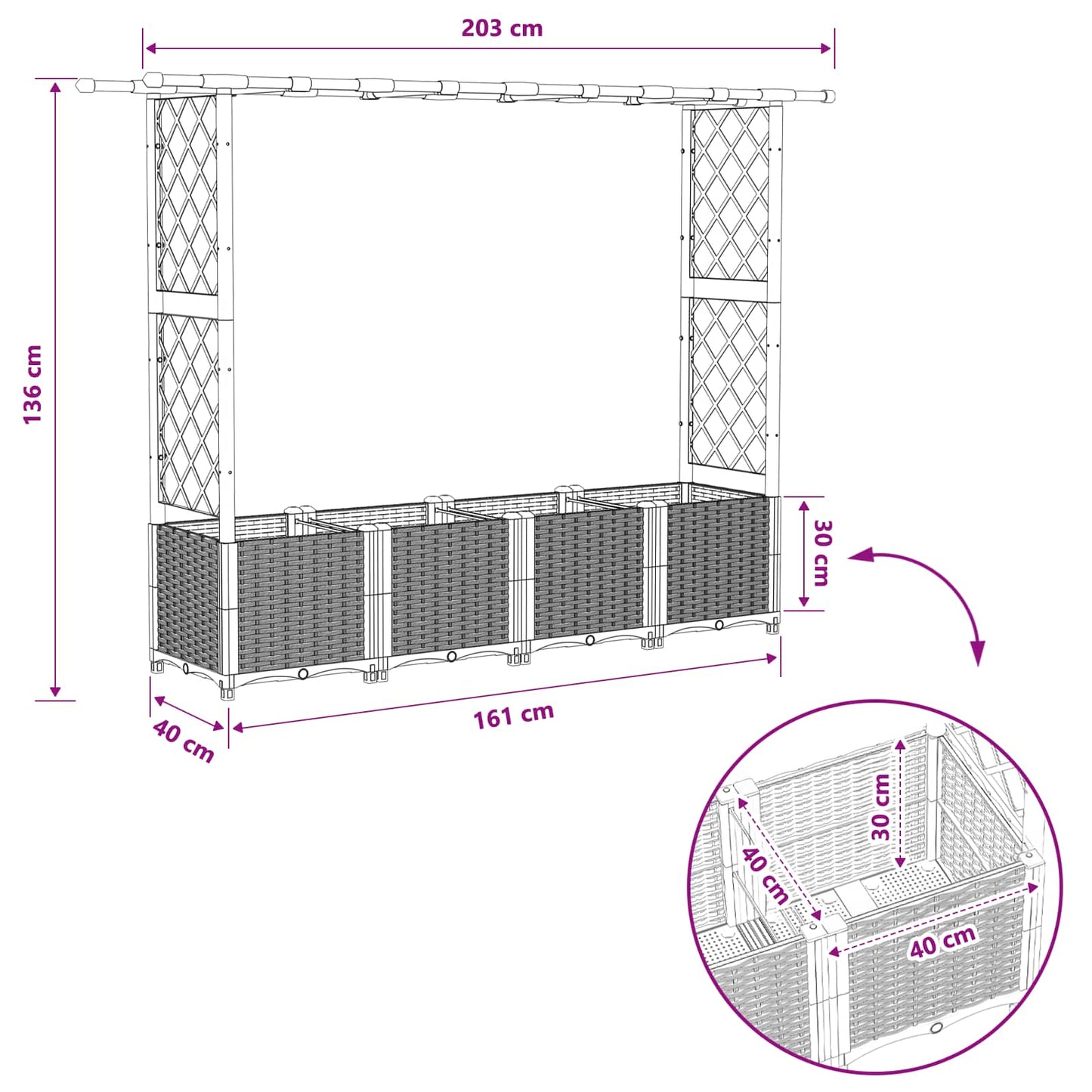 Raised Bed with Trellis and Roof Light Grey 203 x 40 x 136 cm