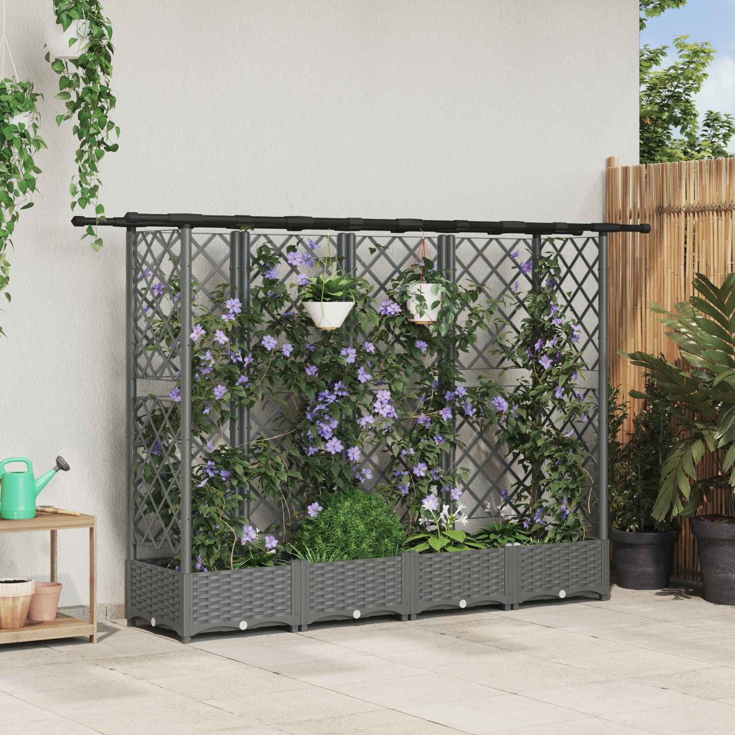 Raised Bed with Trellis and Roof Light Grey 202.5 x 40 x 121 cm