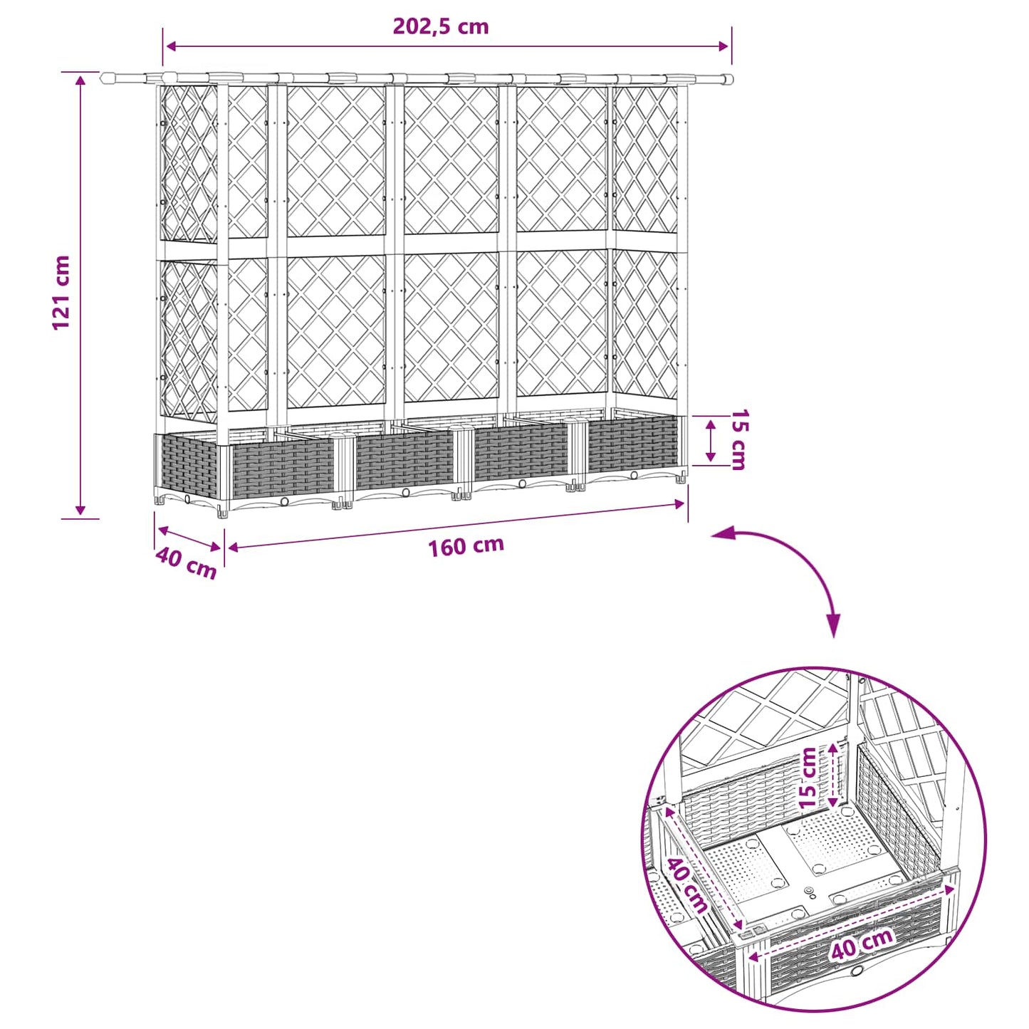 Raised Bed with Trellis and Roof Light Grey 202.5 x 40 x 121 cm