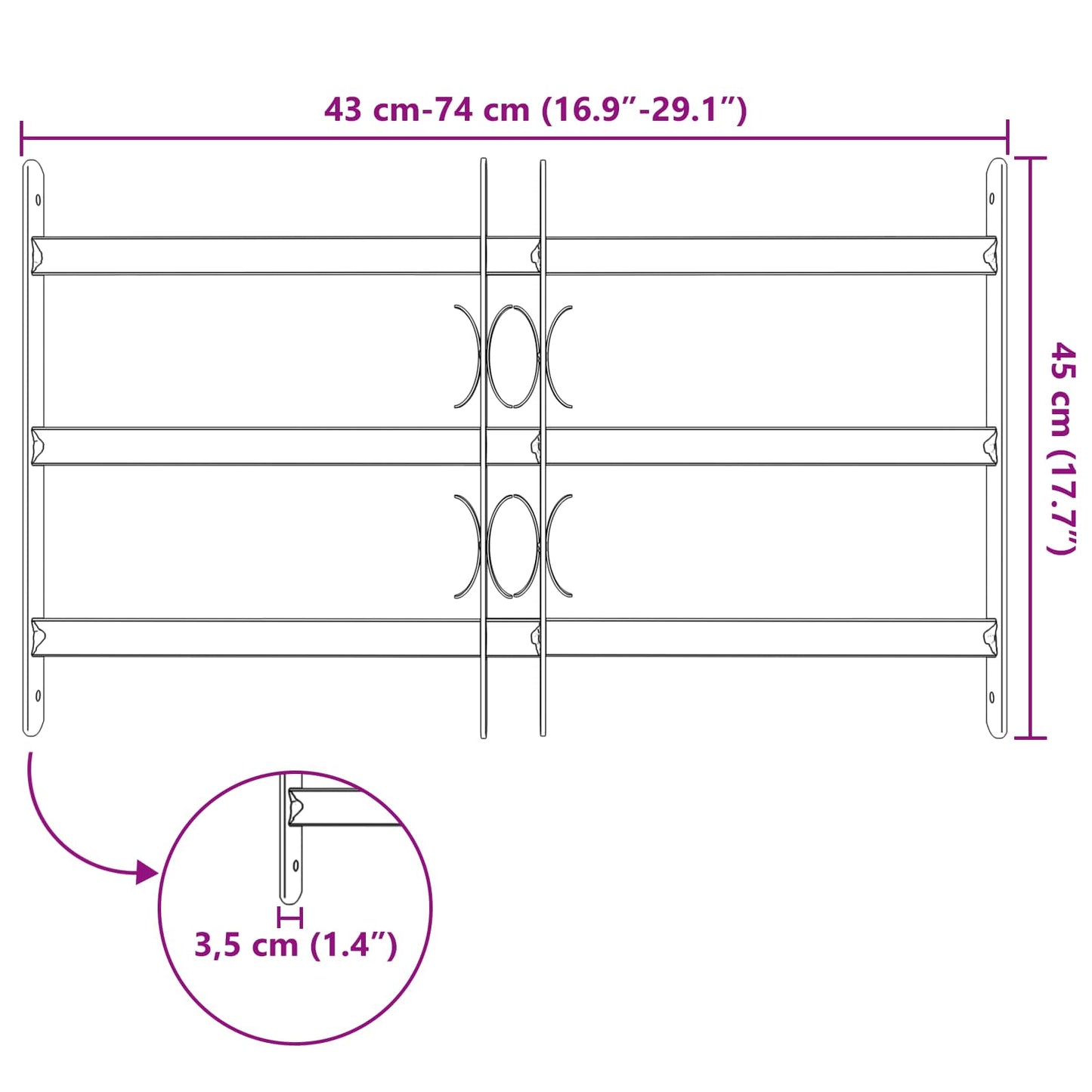 Security Grille for Windows with 3 Crossbars 3 pcs 43-74 cm