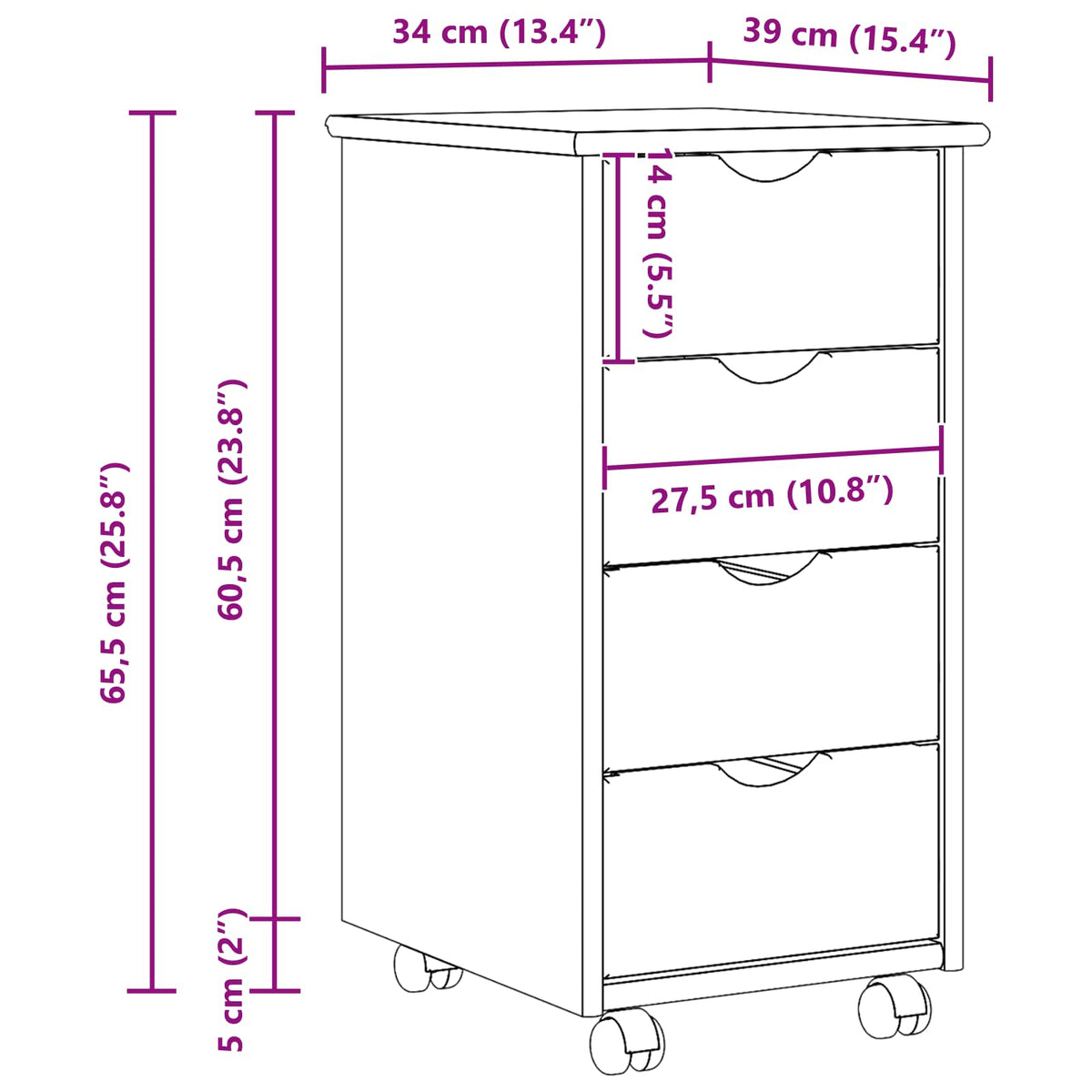 Rolling Cabinet 34 x 39 x 65.5 cm Solid Pine Wood Brown