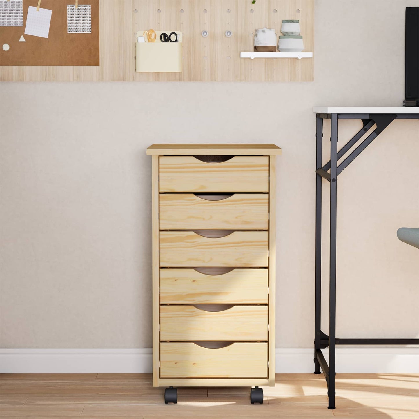 Rolling Cabinet with Drawers MOSS Clear Varnish Solid Pine wood