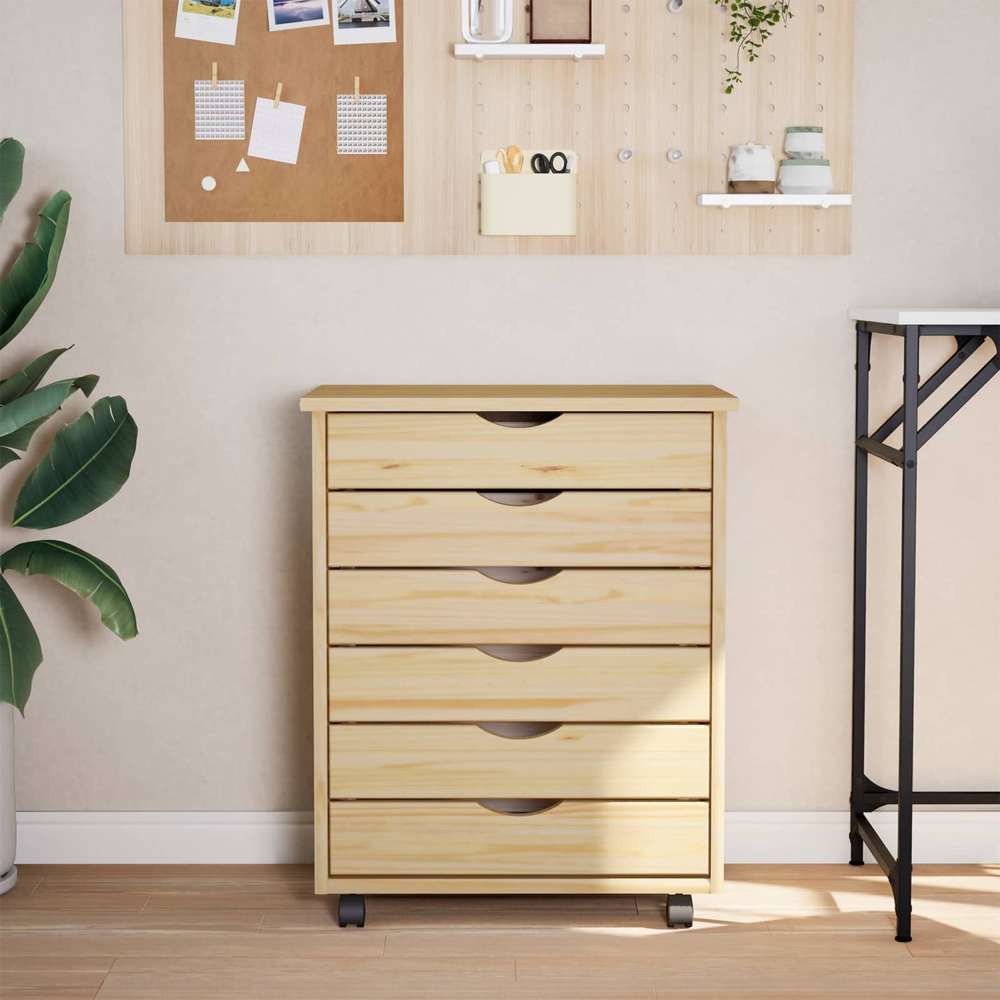 Rolling Cabinet with Drawers MOSS Clear Varnish Solid Pine wood
