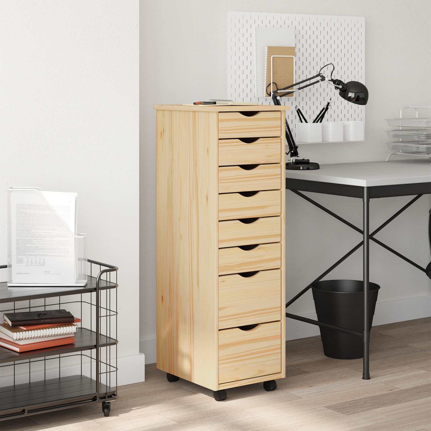 Rolling Cabinet with Drawers MOSS Clear Varnish Solid Pine wood