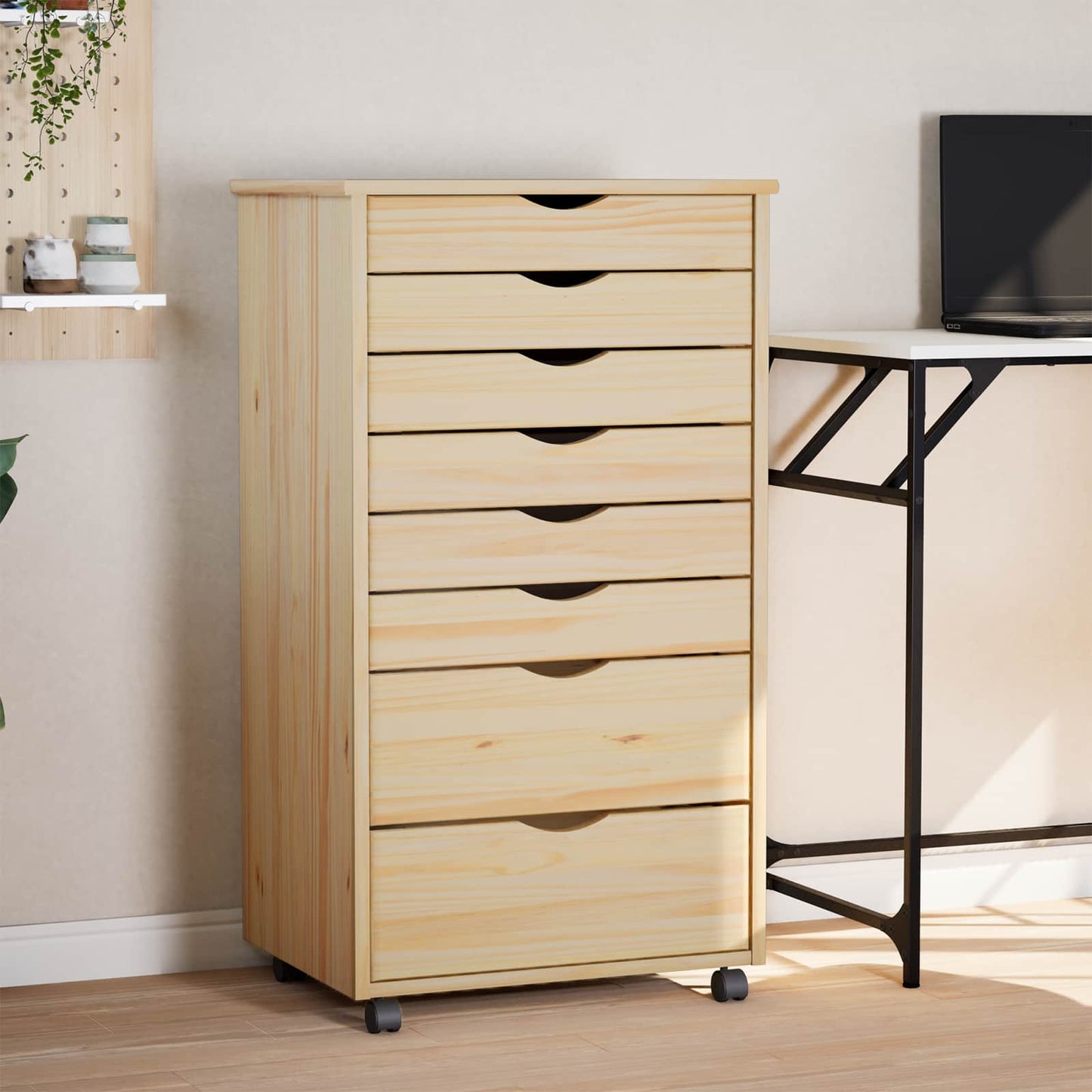 Rolling Cabinet with Drawers MOSS Clear Varnish Solid Pine wood