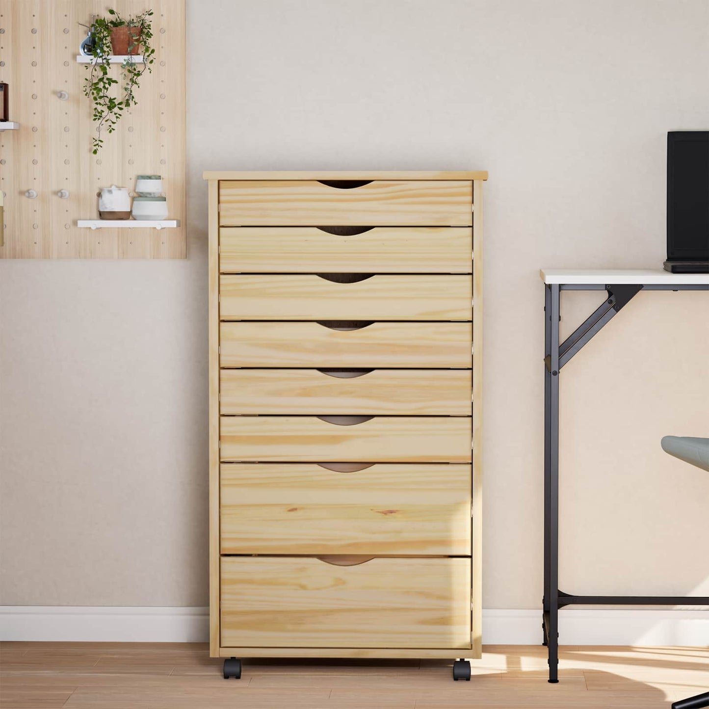 Rolling Cabinet with Drawers MOSS Clear Varnish Solid Pine wood