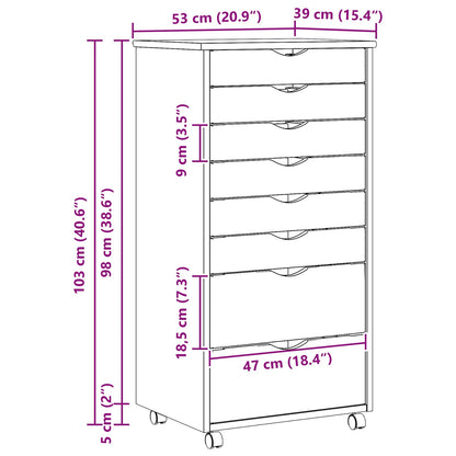 Rolling Cabinet with Drawers MOSS Clear Varnish Solid Pine wood