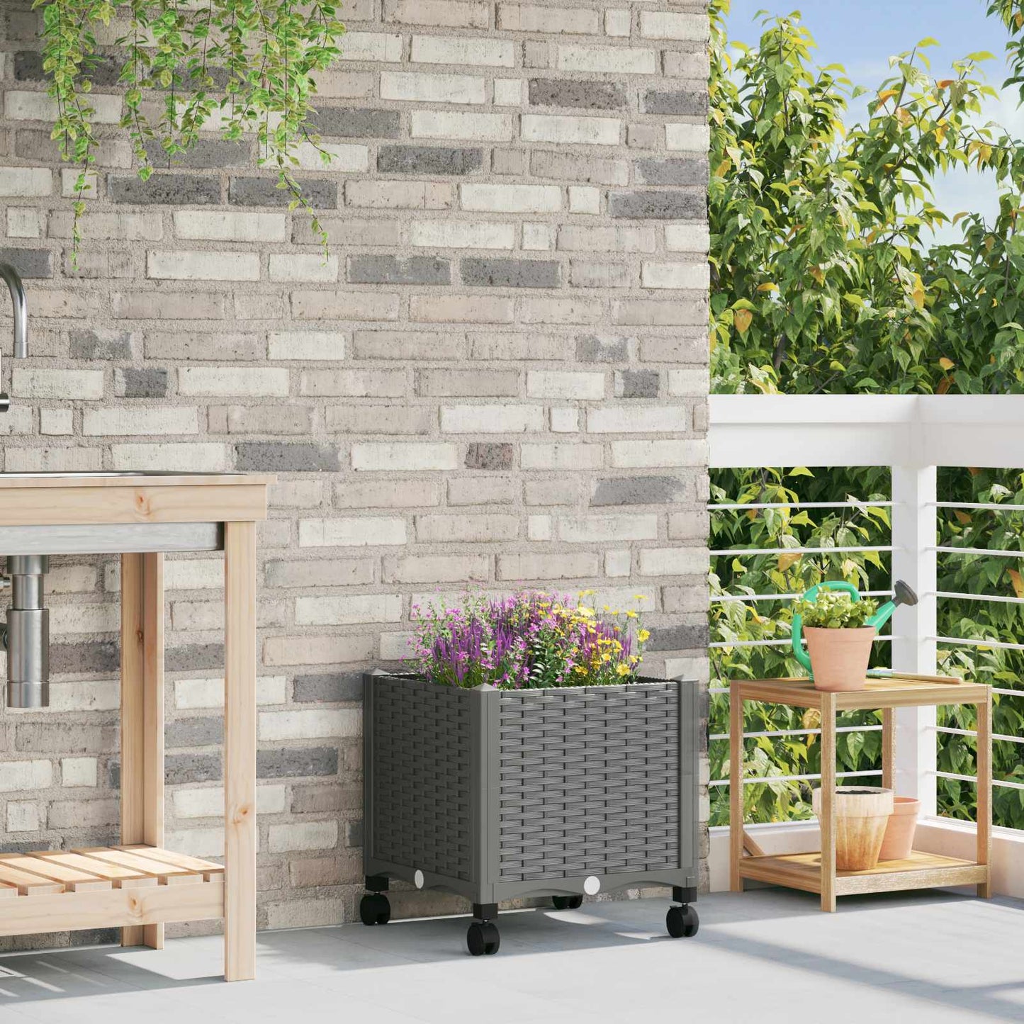 Garden Planter with Wheels Light Grey 40 x 40 x 48 cm PP