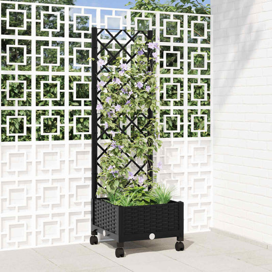 Garden Planter with Trellis&Wheels Black 40 x 40 x 131.5 cm PP