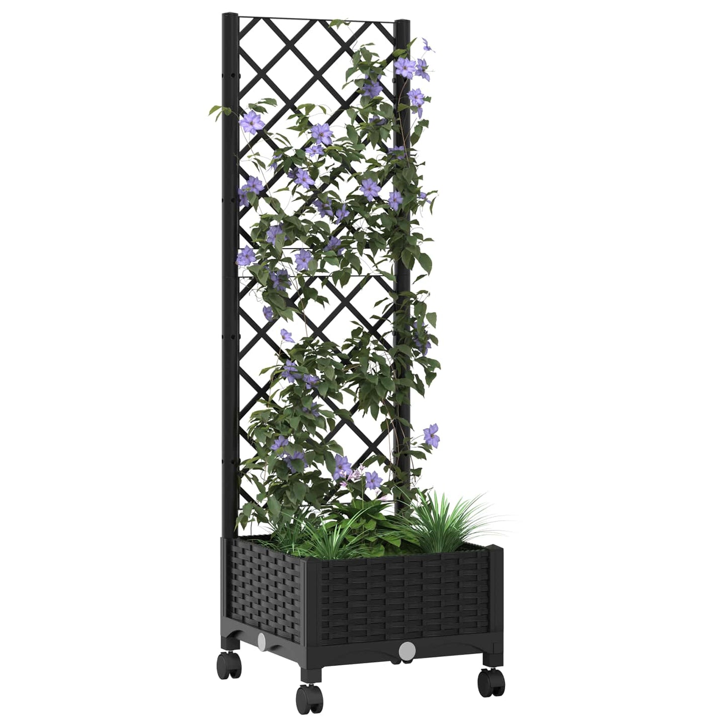 Garden Planter with Trellis&Wheels Black 40 x 40 x 131.5 cm PP