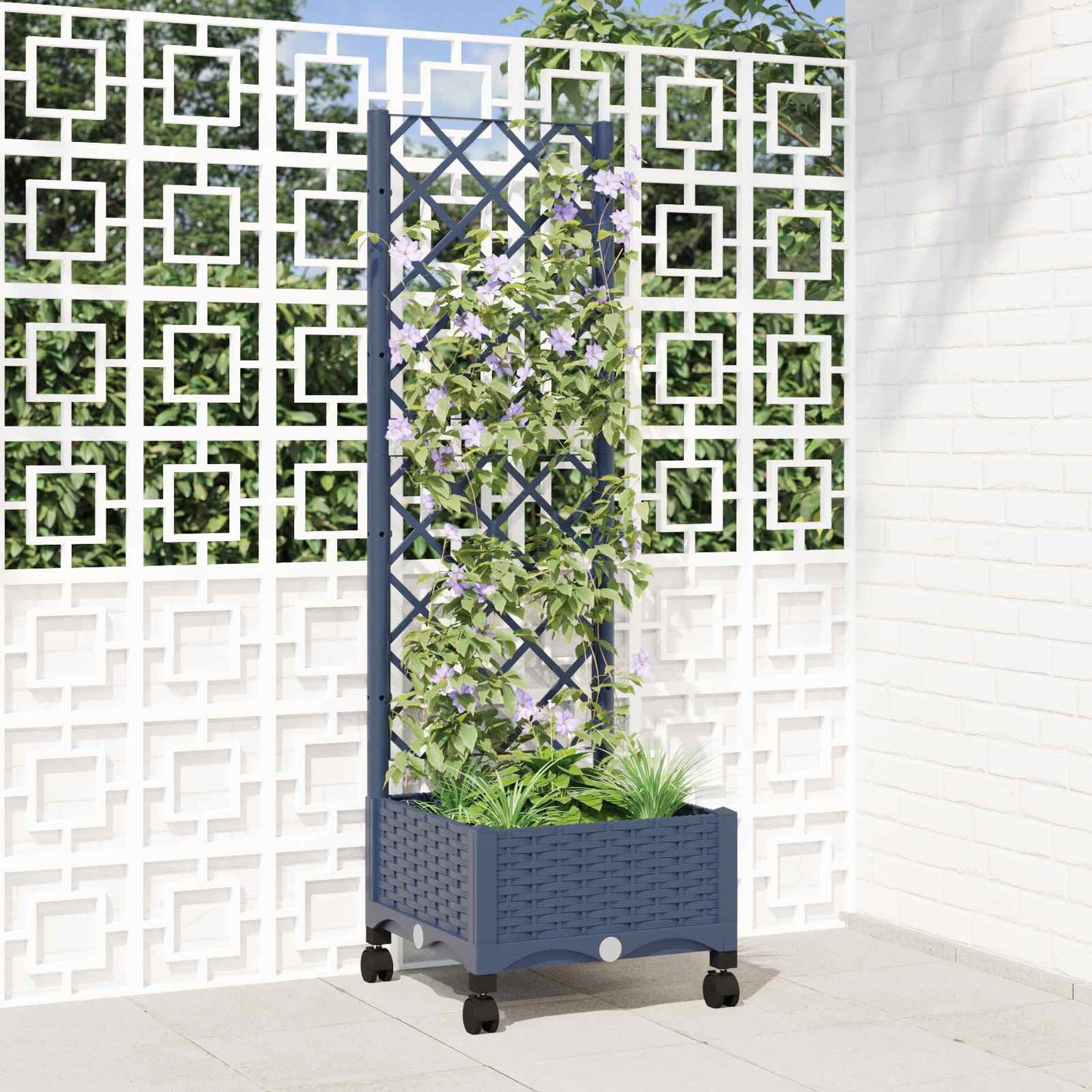 Garden Planter with Trellis&Wheels Blue Grey 40 x 40 x 131.5 cm