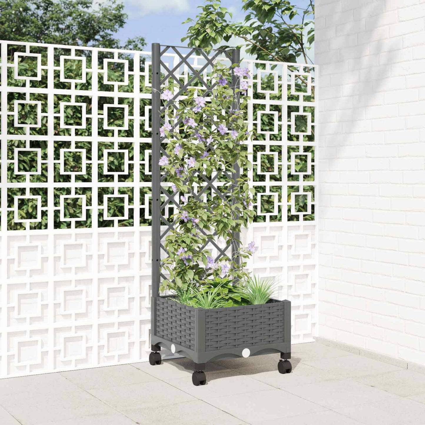 Garden Planter with Trellis&Wheels Light Grey PP