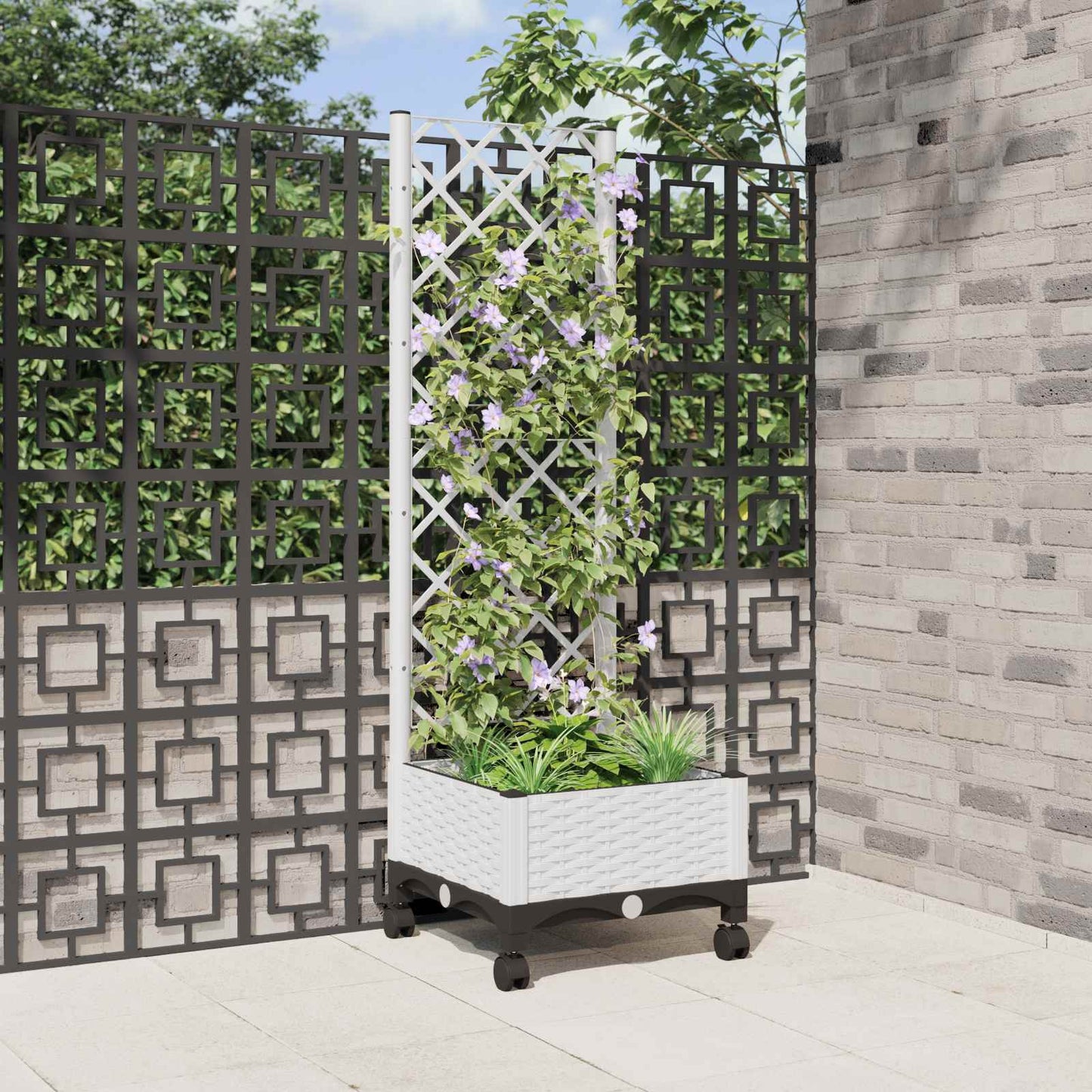 Garden Planter with Trellis&Wheels White 40 x 40 x 131.5 cm PP