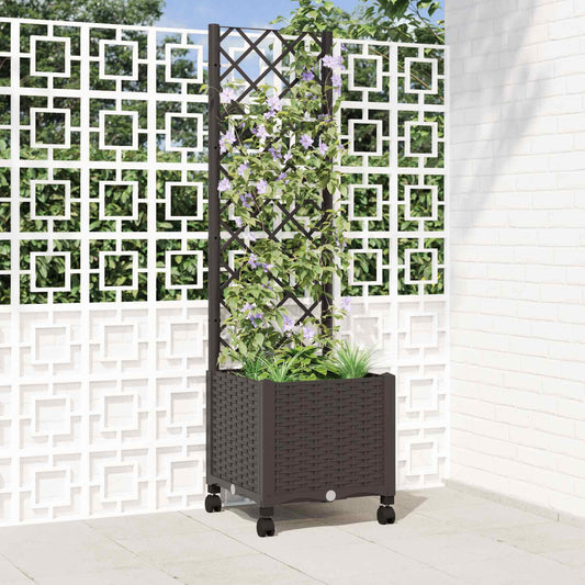 Garden Planter with Trellis&Wheels Brown 40 x 40 x 146 cm PP