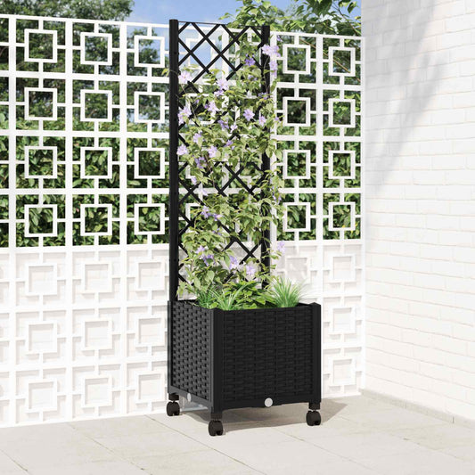 Garden Planter with Trellis&Wheels Black 40 x 40 x 146 cm PP