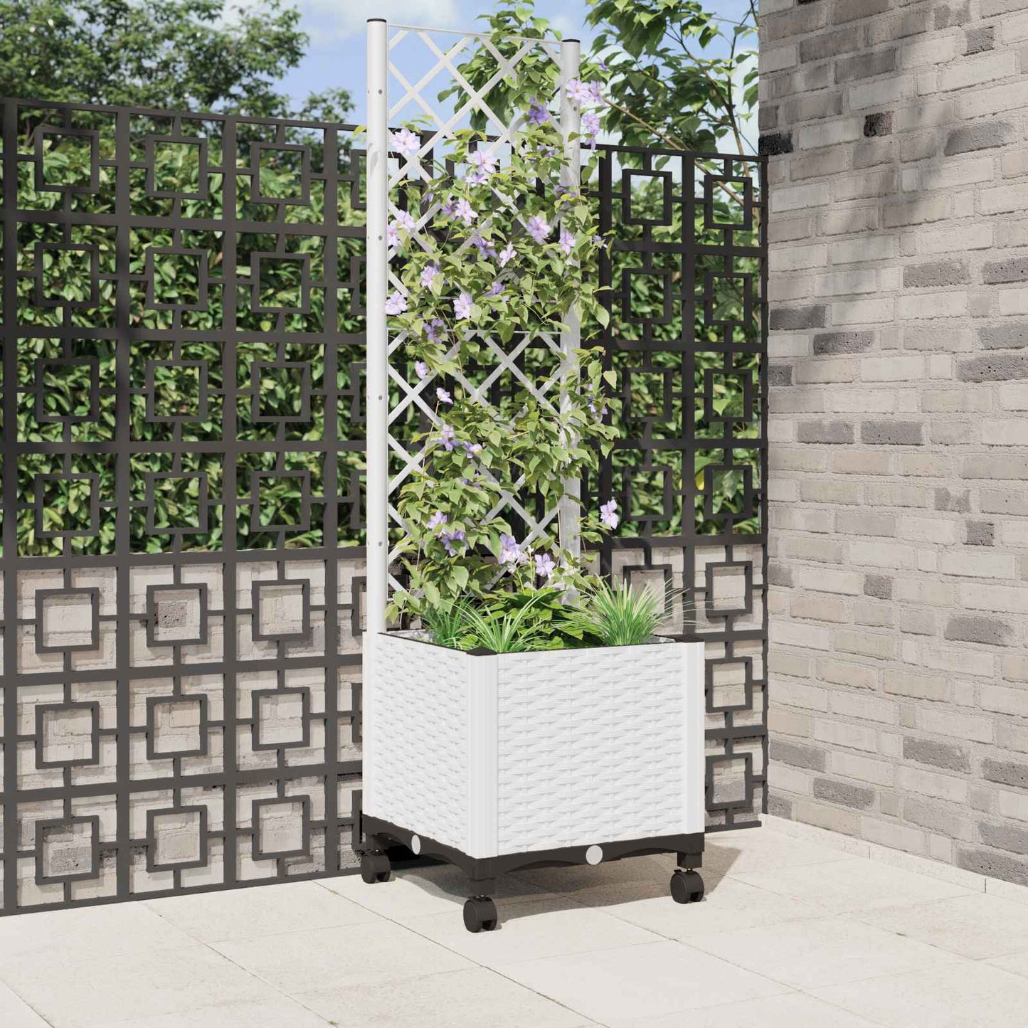 Garden Planter with Trellis&Wheels White 40 x 40 x 146 cm PP