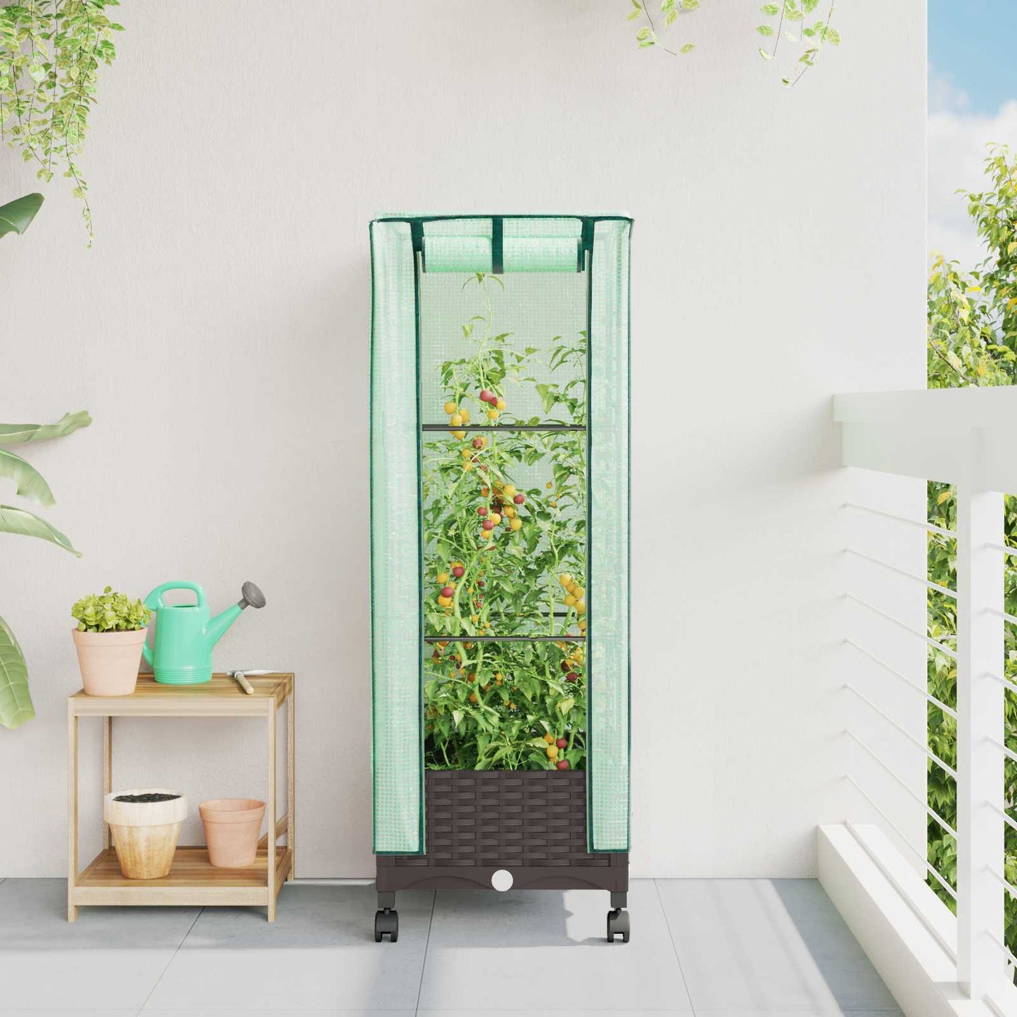 Garden Planter with Greenhouse Cover&Wheels Brown PP