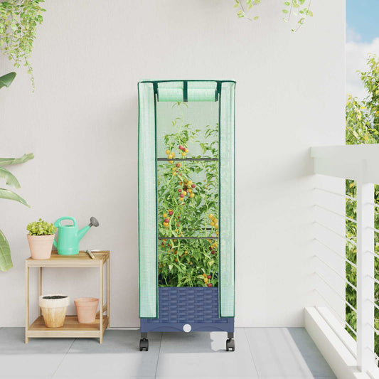 Garden Planter with Greenhouse Cover&Wheels Blue Grey PP