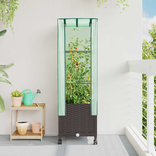Garden Planter with Greenhouse Cover&Wheels Brown PP