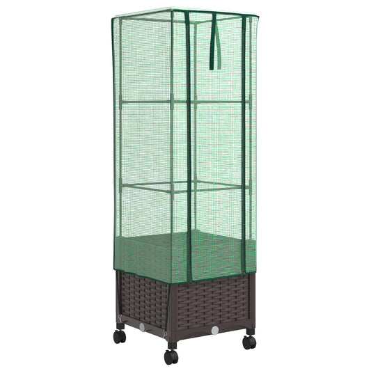 Garden Planter with Greenhouse Cover&Wheels Brown PP