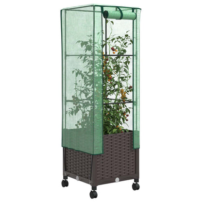 Garden Planter with Greenhouse Cover&Wheels Brown PP