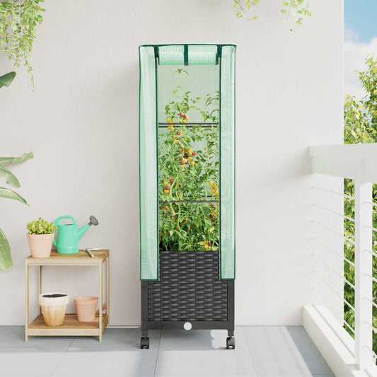 Garden Planter with Greenhouse Cover&Wheels Black PP