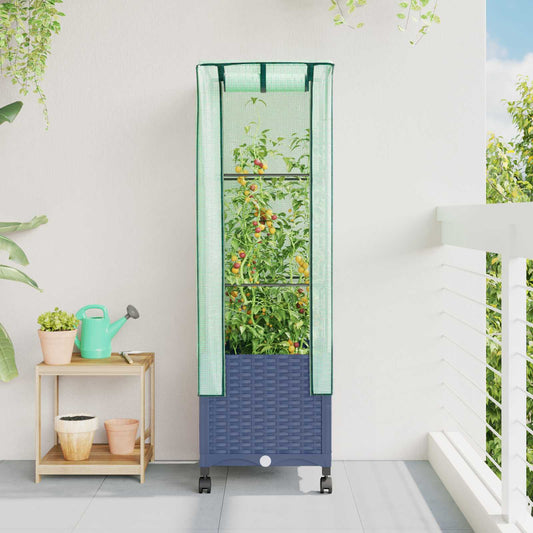 Garden Planter with Greenhouse Cover&Wheels Blue Grey PP