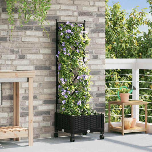 Garden Planter with Trellis&Wheels Black 40 x 40 x 131.5 cm PP