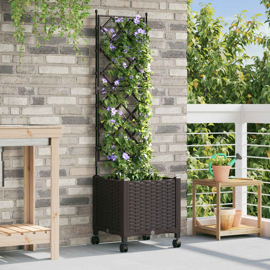Garden Planter with Trellis&Wheels Brown 40 x 40 x 149 cm PP