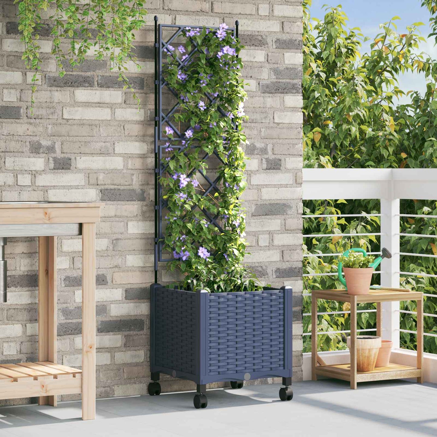 Garden Planter with Trellis&Wheels Grey 40 x 40 x 149 cm PP