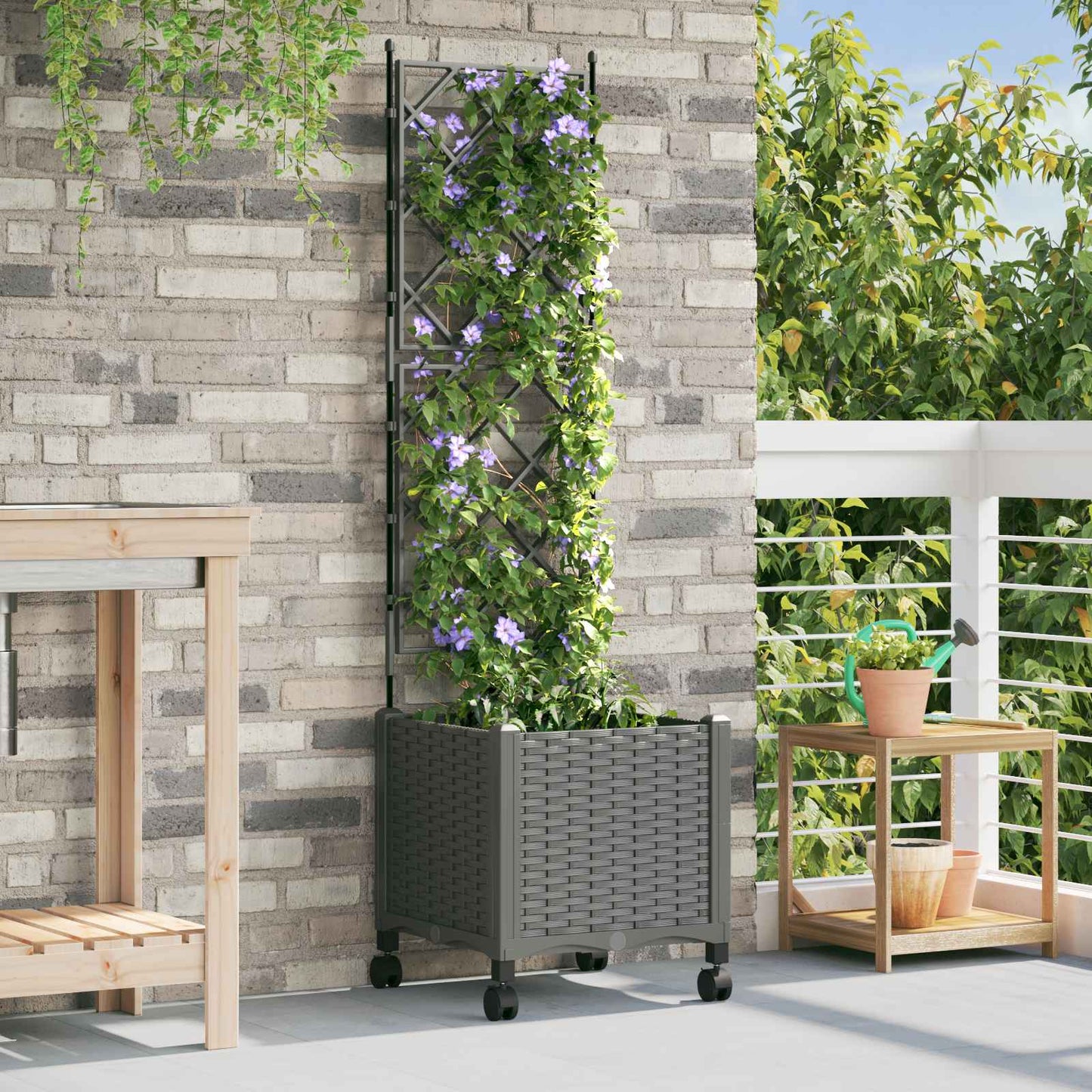 Garden Planter with Trellis&Wheels Light Grey 40 x 40 x 149 cm