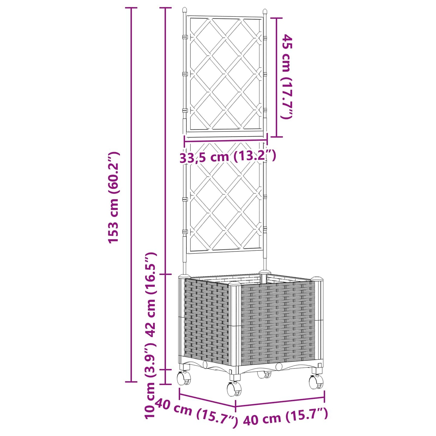 Garden Planter with Trellis&Wheels Light Grey 40 x 40 x 149 cm
