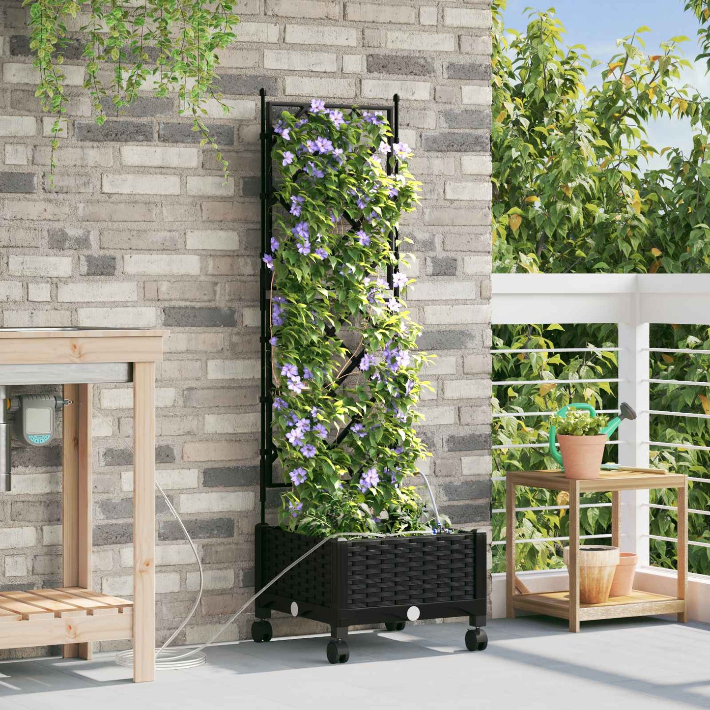 Garden Planter with Irrigation&Wheels Black 40 x 40 x 132 cm PP