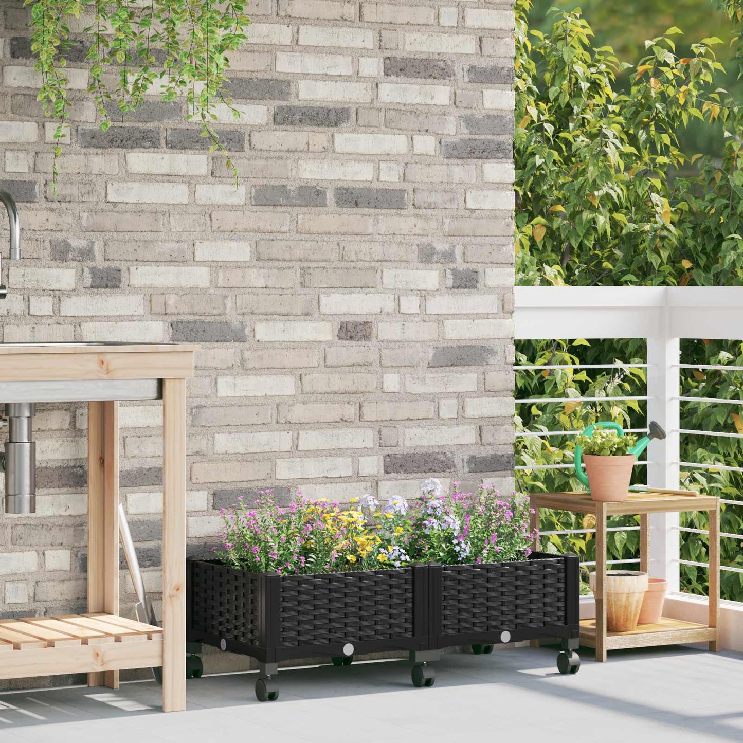Garden Planter with Wheels Black 80 x 40 x 29 cm PP