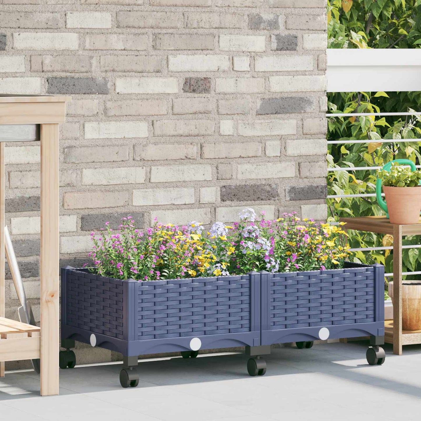 Garden Planter with Wheels Blue Grey 80 x 40 x 33 cm PP