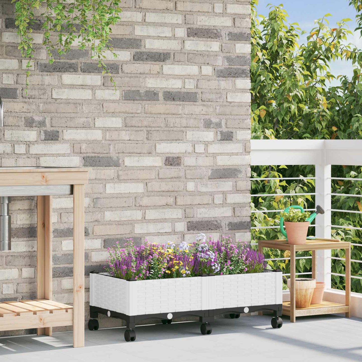 Garden Planter with Wheels White 80 x 40 x 33 cm PP
