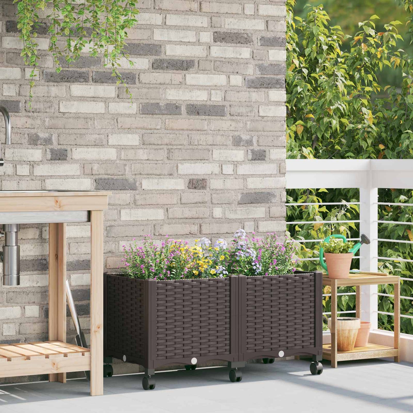 Garden Planter with Wheels Brown 80 x 40 x 44 cm PP