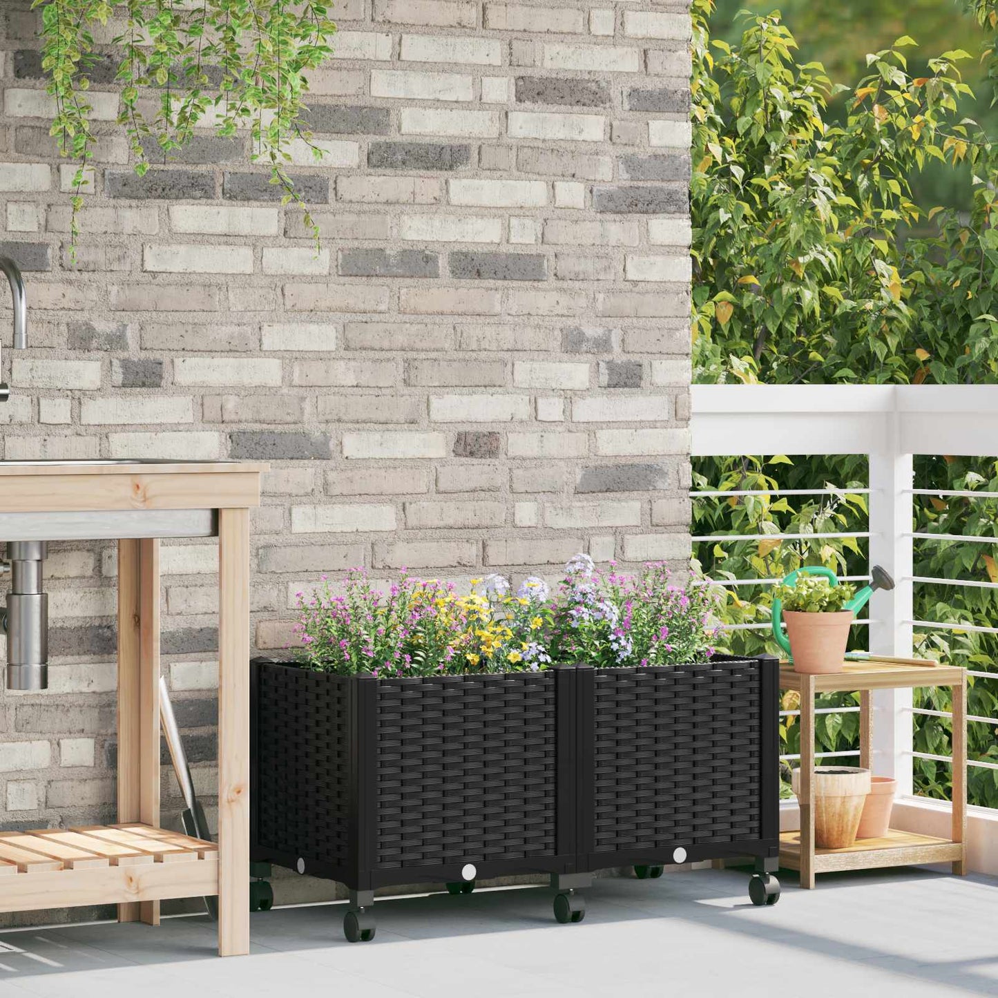 Garden Planter with Wheels Black 80 x 40 x 44 cm PP