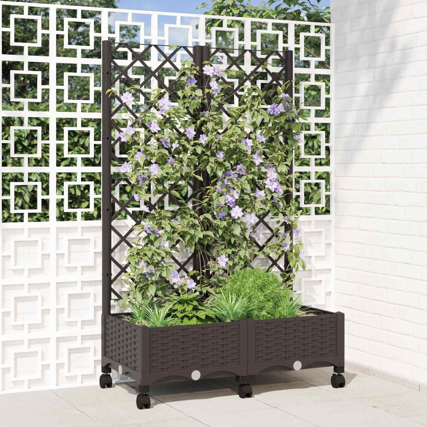 Garden Planter with Trellis&Wheels Brown 80 x 40 x 131.5 cm PP