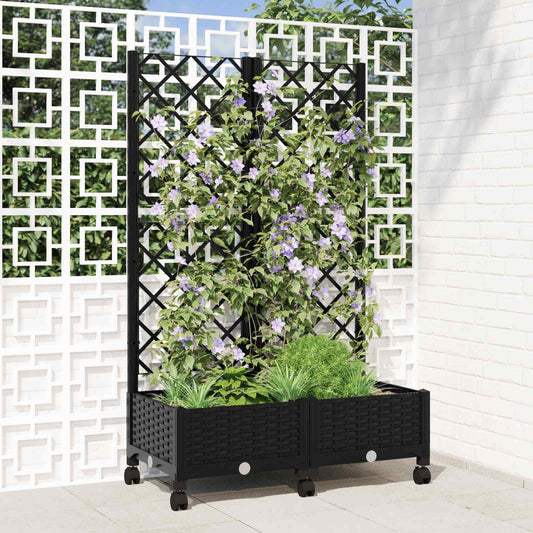 Garden Planter with Trellis&Wheels Black 80 x 40 x 131.5 cm PP