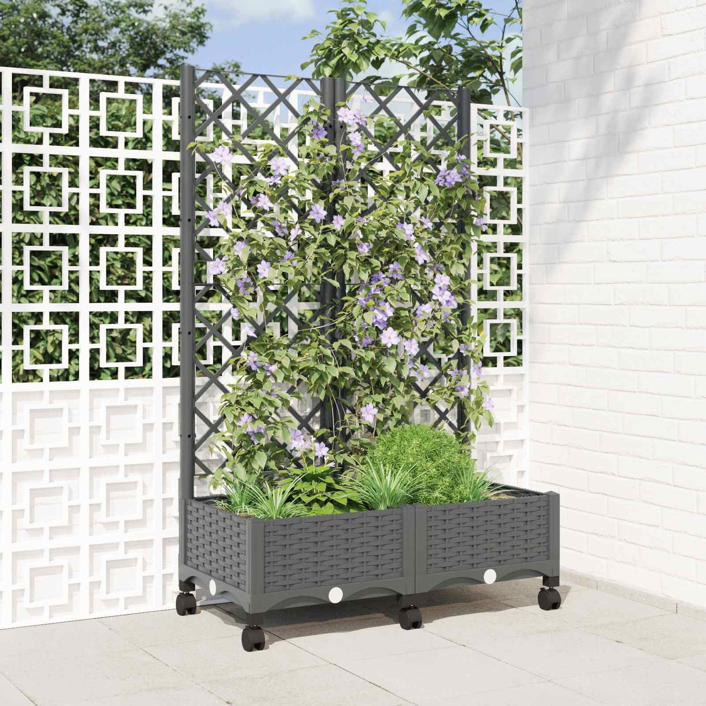 Garden Planter with Trellis&Wheels Light Grey PP