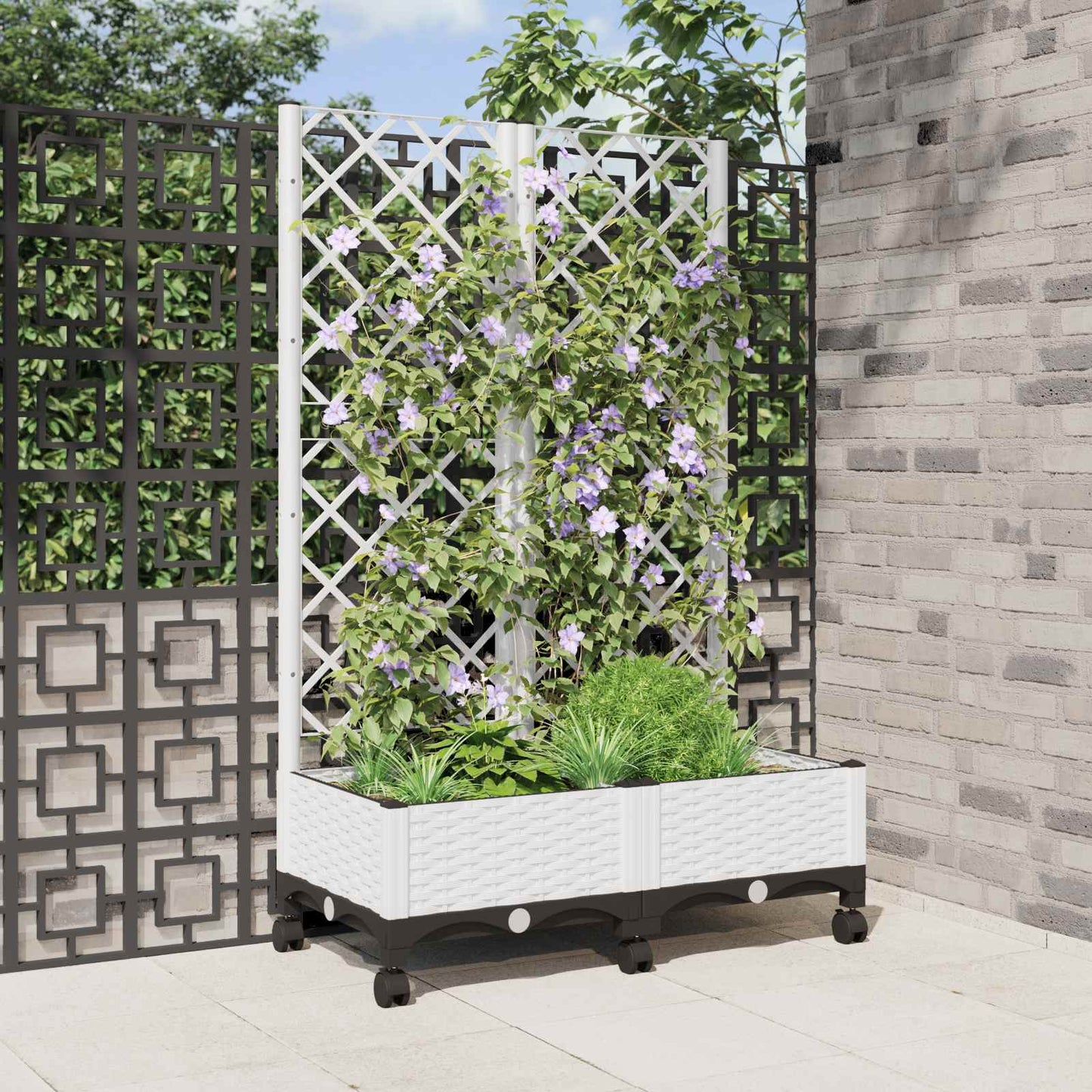 Garden Planter with Trellis&Wheels White 80 x 40 x 131.5 cm PP