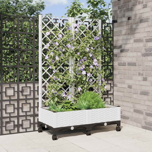 Garden Planter with Trellis&Wheels White 80 x 40 x 131.5 cm PP