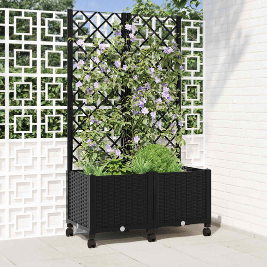 Garden Planter with Trellis&Wheels Black 80 x 40 x 146 cm PP
