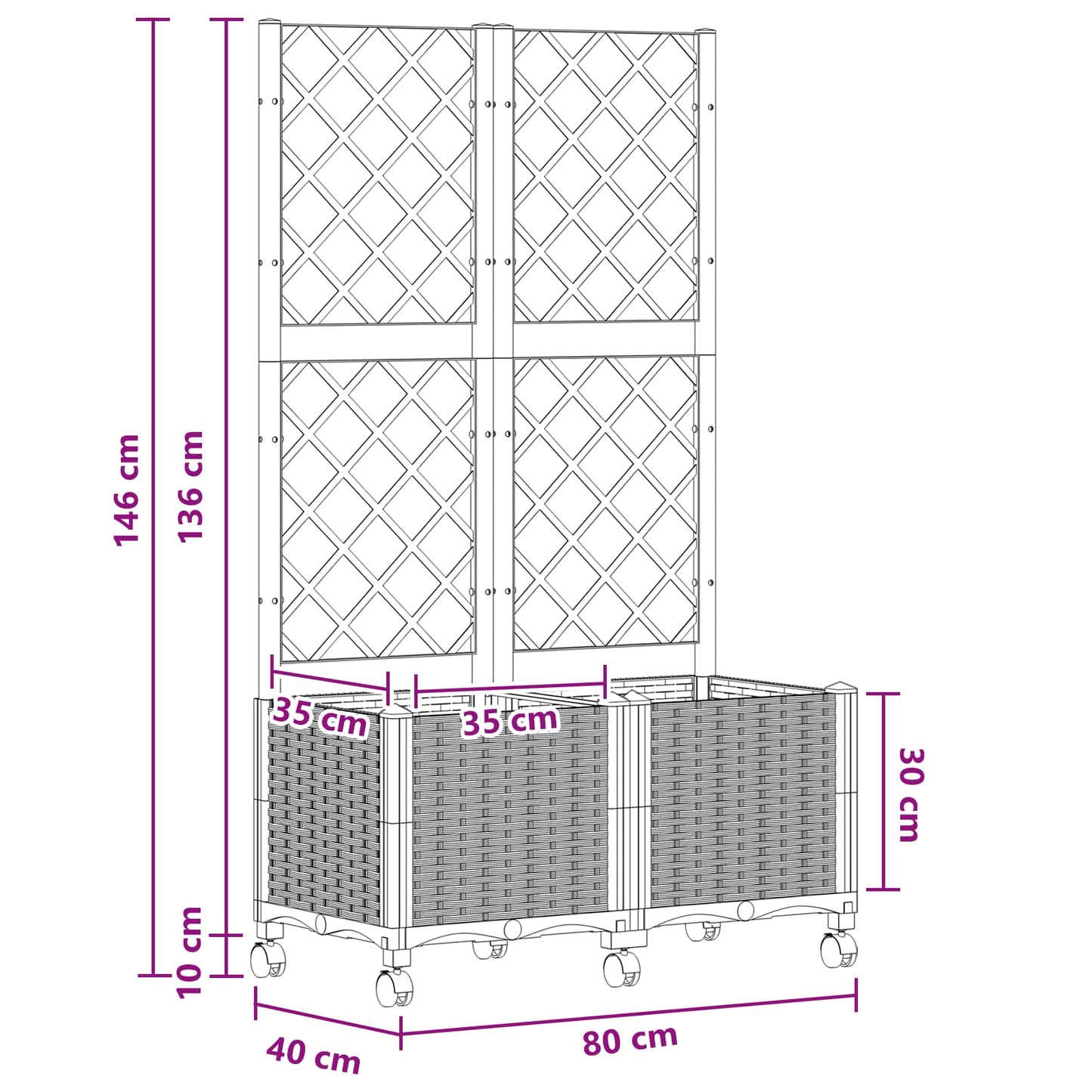 Garden Planter with Trellis&Wheels Black 80 x 40 x 146 cm PP