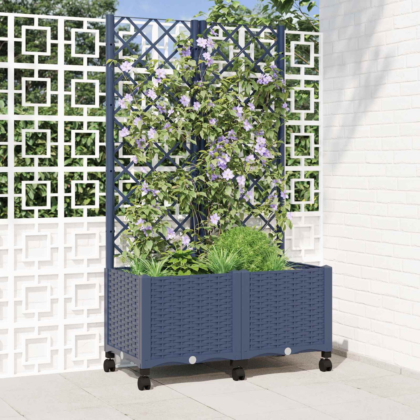 Garden Planter with Trellis&Wheels Blue Grey 80 x 40 x 146 cm