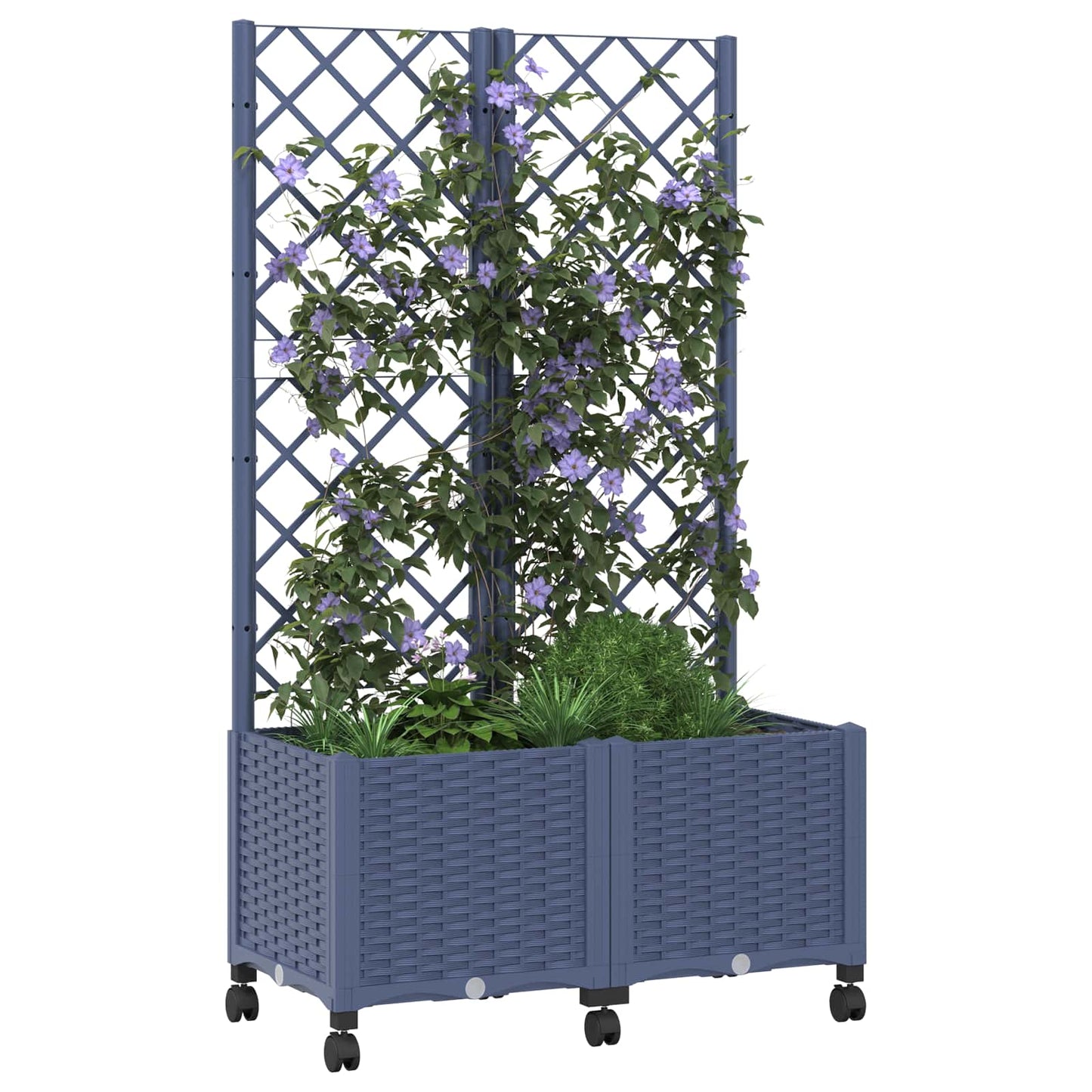 Garden Planter with Trellis&Wheels Blue Grey 80 x 40 x 146 cm
